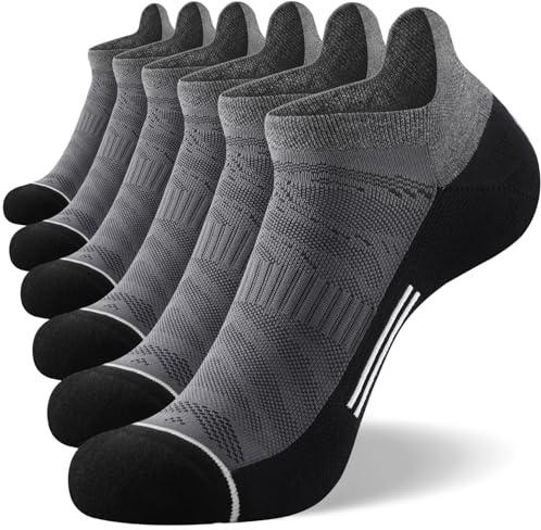 FITRELL 6 Pares de Calcetines Tobilleros Hombre Acolchados Calcetines Deporte Mujer Transpirables con Soporte de Arco para Deporte Running Ciclismo, Gris Negro, EU 43-46