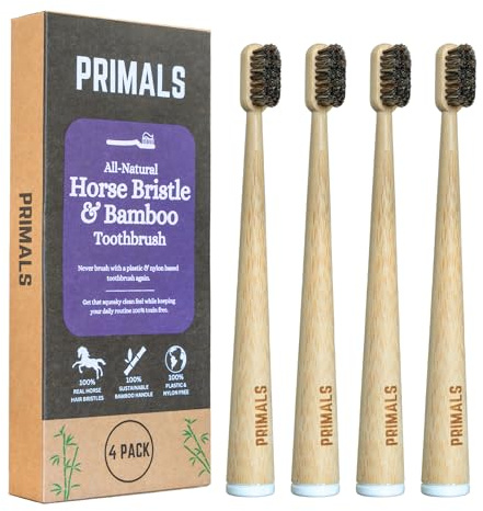 PRIMALS Cepillo de dientes de cerdas de caballo y bambú (paquete de 4) – Cerdas de caballo lujosas y suaves – Totalmente biodegradable – Sin plástico ni nailon – Diseño de secado rápido