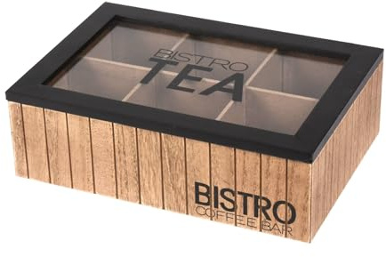 Well Home Caja de Té con 6 Compartimentos de Diseño Bistro en MDF con Tapa de Cristal 24x16,5x7,5cm