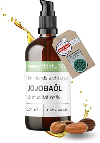 Viktigt: Jojobaolja Bio kallpressad | 100 % ren och naturlig | ren vård och rengöring för ansikte, hud och hår | 100 ml brun glasflaska
