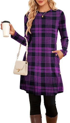 NARRAME Abiti Invernali da Donna Midi a Maniche Lunghe con Bottoni Causali Abito a Tunica Laterale con Tasche Scozzese Medio Quadri Viola e Nero