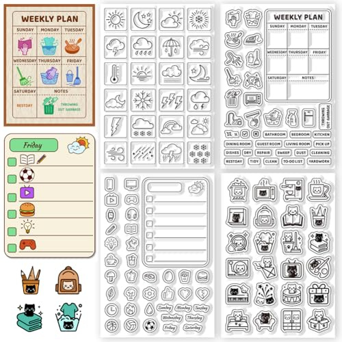 CHGCRAFT 4 Hojas 4 Estilos Iconos del Clima Diario Sellos Transparentes Tabla de Horarios Sello de Silicona para Álbumes de Recortes DIY y Elaboración de Tarjetas Decoración de Manualidades de Papel