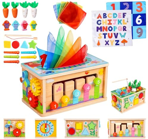 SACBRZZ Juguetes Montessori 1 Años, 7 in 1 Montessori 1 Año Juguete De Caja De Pañuelos De Madera,con Juego De Pesca,Cubo Actividades Motora Juguetes 1 Año Bebé para 1 2 3 Regalos Infantiles