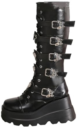 Bottes Femme Gothiques Compensées Bout Rond Plateforme Cuir Lacets Boucles Bottes Rétro Fermeture Éclair Semelle Antidérapante Tendance Chic Chaussures Femme 37