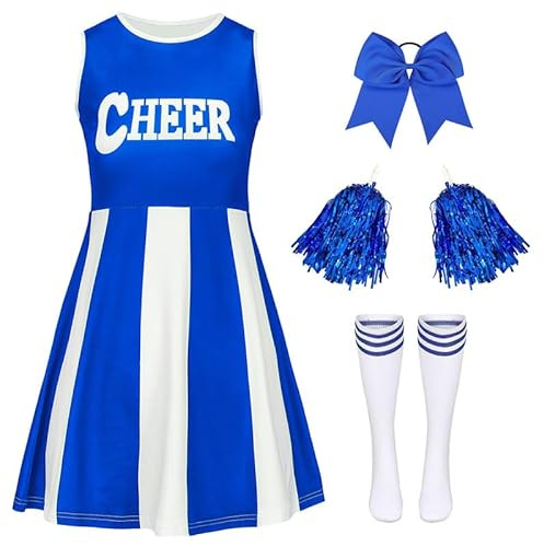 XFOZDM Costume da cheerleader per bambini e ragazze, da cheerleader, abito da cheerleading, uniforme, con elastico per capelli, pompon e calze, costume di carnevale, Halloween, feste, blu 170