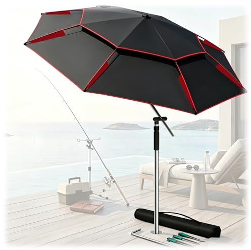 Sombrilla Playa Grande 2/2.2/2.4/2.60m de arco, Paragua Jardín Antiviento Parasol Protección UV Reclinable Giratorio 360° con Bolsa de Transporte, para Piscina Exterior Mercado(Negro Rojo,2.60m)