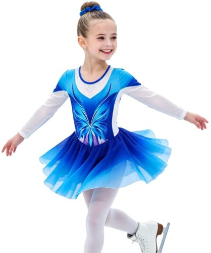 LOLANTA Maillot Ballet Niña con Falda Incorporada Manga Larga con Pedrería Brillante, Vestido Escenario para Ballet, Danza Lírica Gimnasia y Patinaje Artístico