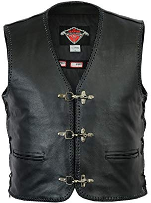 Texpeed Chaleco de cuero para moteros con hebilla - Cuero de motocicleta para hombre Negro - XL