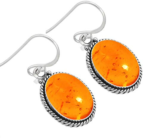 Pendientes de plata con gota de ámbar naranja de Jeweloporium, pendientes de plata de ley 925 para mujer, joyería hecha a mano con piedras preciosas ovaladas.