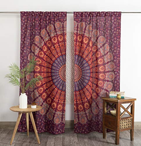 Popular Handicrafts Indian Hippie Bohemian Beautiful Peacock Mandala Window Curtain Panels Maroon