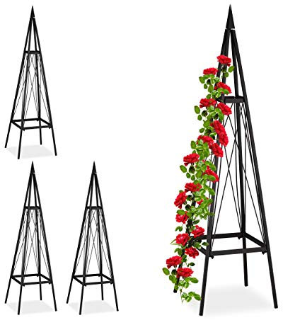 4 x Rankhilfe, eckig, freistehend, Rosen, Tomaten, Wein, Garten, wetterfest, Eisen Rankobelisk, H: 132 cm, schwarz