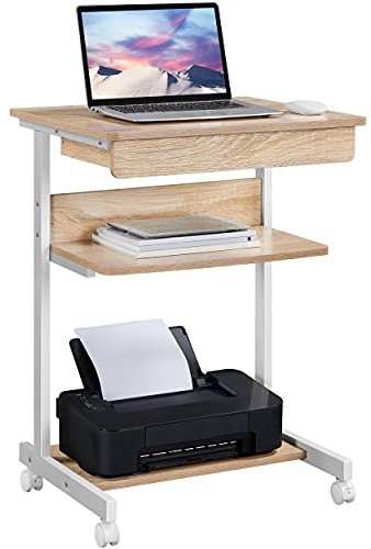 Yaheetech Table Informatique Bureau d'Ordinateur Portable Roulant Poste de Travail 56 x 51 x 79 cm avec 1 Tiroir et 2 Etagères Chêne Clair