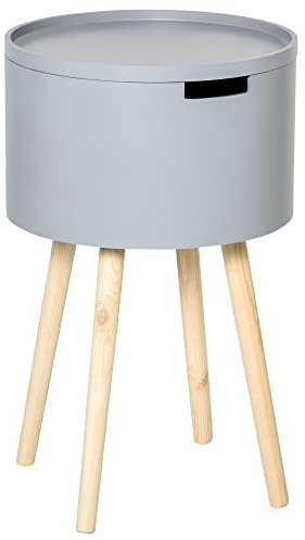 HOMCOM Modern Side Table with Hidden Storage Space, Round Night Stand with Removable Tray Wood Frame End Coffee Table for Living Room, Grey