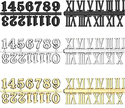 6 Pieces Clock Numerals Kit Including Arabic Number and Roman Number Hands Quartz DIY Digital Clock Numbers for Repair Parts Replacement Clock Accessories for Home Art Decor,Gold, Silver, Black