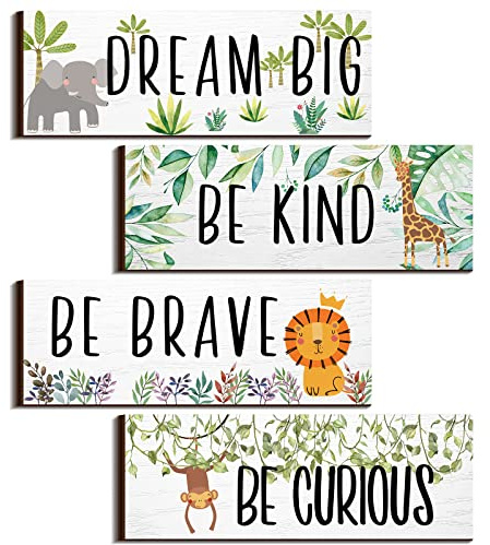 4 Pieces Woodland Nursery Decor Safari wall art Be kind brave curious Cute Jungle Animal Nursery Decor for Bedroom living room home 11x 3.9 Inches(Lively Animals,White Background)