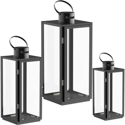 Matico Stainless Decorative Candle Lantern Set of 3, Hanging Decor Hurricane Lantern Candle Holder for Festival Ceremony Home Decor, Both Indoor & Outdoor Use, Black