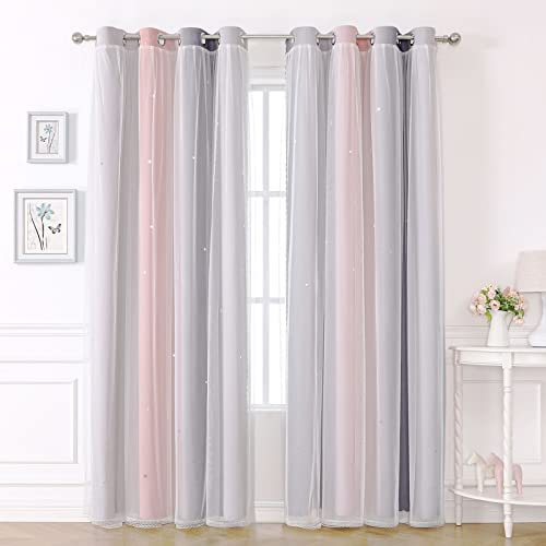 KAHEAUM Blackout Curtains for Bedroom & Living Room - Eyelet & Voile Net Curtains, 2 Panels, 46 x 54 inch Drop, Soundproof, Thermal, Pink & Grey