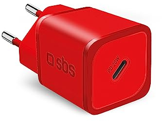 SBS Caricabatterie Portatile per Samsung, iPhone, Xiaomi, Oppo, Caricatore Gan rapido da 20W per Smartphone e Tablet, Caricabatterie Power Delivery Veloce e Sicuro con USB-C, Rosso
