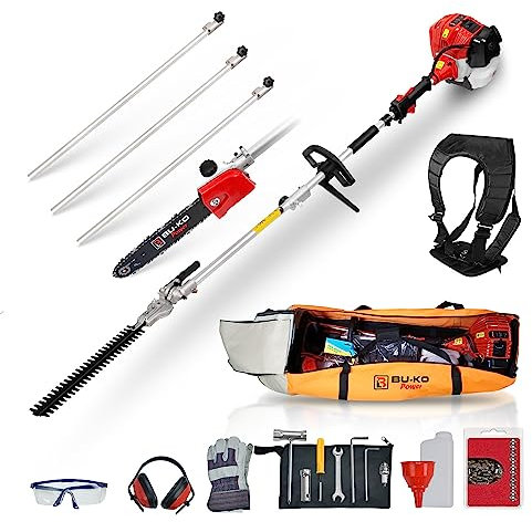 BU-KO 52cc Long Reach Petrol Hedge Trimmer and Pruner Saw with 3x 75cm Extension Pole and Toolbag for Convenient Storage, Ultimate Garden Tool for Precision Cutting, Trim Hedges and Prune with Ease
