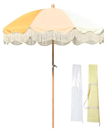 LAGarden 6Ft Fringe Patio Umbrella with Tassels & Carry Bag 50 / 60s Vintage Style Umbrella Wood Yellow,Model: PS6-01
