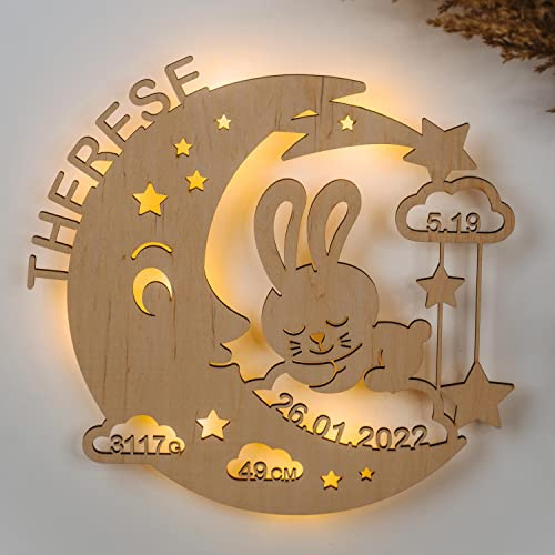 LAUBLUST Veilleuse pour bébés - Cadeau de naissance et de baptême personnalisé pour fille et garçon - Lapin de Lune | Naturel - Éclairage LED et lumière apaisante pour chambre d'enfant | 2 Tailles