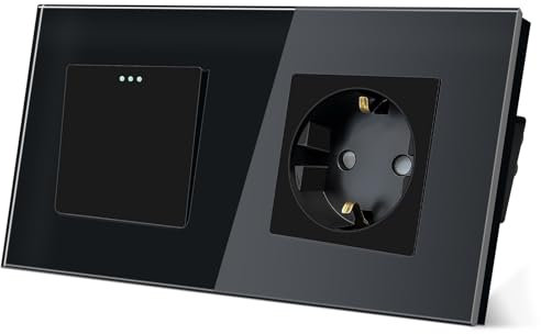 TAWOIA Lichtschalter mit Steckdose 1 Fach 1 Weg Glas Platte Unterputz Taste Schalter mit Schuko Steckdose 16 Amp 86 * 157mm Schwarz Wechselschalter