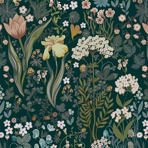 Reqfen 41CMX6M Selbstklebende Tapete Blumen Grüne Blätter Klebetapete Mustertapete Abnehmbare Wandschutzfolie Botanische Möbel Folie für schlafzimmer wohnzimmer Schrank Wasserdichte Tapete Dunkelgrün