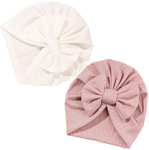 Baby Mütze Mädchen 2 Stück Turban Mütze Baby Baby Mütze Mütze Baby Infant Beanie Weiche Schleifenhut für Mädchen und Jungen Krankenhausmützen für Neugeborene Kleinkinder (Rosa/Weiß)