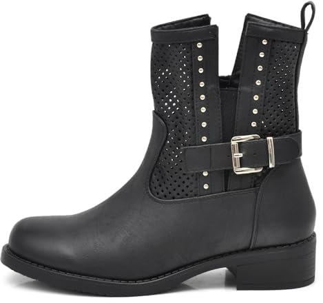 IF Fashion Stiefel Biker Motorradstiefel Damen perforiert mit Schnallen Frühling Sommer Kunstleder Jeans Optik GR-6656, 677 Schwarz, 39 EU