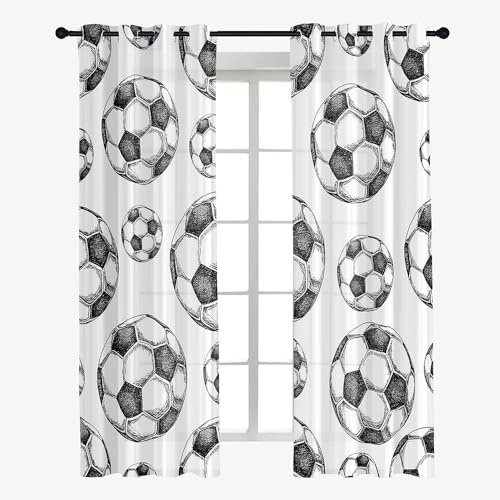 Hixingo Lot de 2 Rideau Voilage Impression de Football, Rideau Semi-Transparent à Oeillet Voilages, Rideaux la Mode Décoration de Maison Chambre Salon (107x213cm,Foot 1)