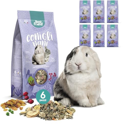 Best Friend Mangime Completo per Conigli Nani con Bacche di Rosa Canina, Pisello Fioccato, Carrube, Uva Sultanina. Mangime per Roditori con Ingredienti Naturali, Made in Italy| Confezione da 6 pacchi