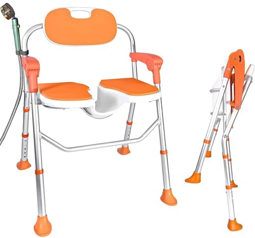 Sedia da doccia per anziani, con braccioli e schienale, pieghevole, portata fino a 180 kg, altezza regolabile, sedia da bagno con piedini antiscivolo (colore arancione, 53 * 58 * 83cm)