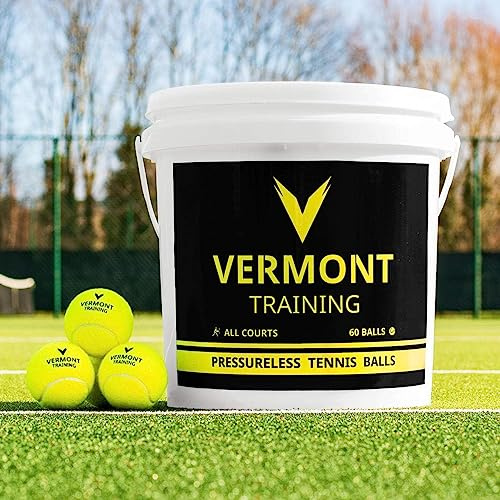 Vermont Balles d’Entraînement de Tennis – Seau de 60 | Noyau sans Pression, Durables | Adaptées à Toutes Surfaces | Idéal Clubs, Écoles et Entraîneurs (Seau de 60 Balles)