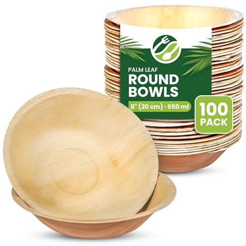 ECO Leaf 100 Disposable Palm Leaf Bowls, 8 (20cm), 650ml (22oz) Round – Compostable, Biodegradable, Eco-Friendly Bamboo Bowls for Salad, Weddings, Parties and Picnics, Microwave Safe