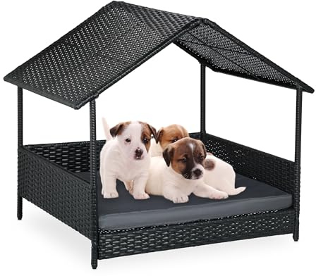 Relaxdays Hundeliege mit Dach, HxBxT: 81 x 90 x 68 cm, Polyrattan, erhöhtes Hundebett mit Kissen, Outdoor, anthrazit