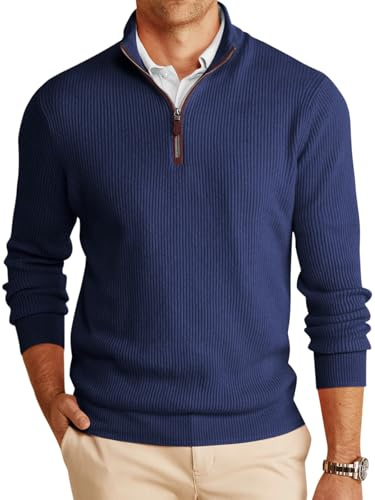 Runcati - Maglione da uomo con zip 1/4, collo a semi-cravatta, lavorato a maglia fine, turtleneck leggero, invernale, basic, polo, Blu scuro, XXL