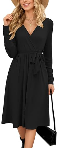 MOLERANI Women Long Sleeve Dress Winter V Neck Ladies Dress Midi Lightwight Casual Jumper Dresses with Pockets Black L
