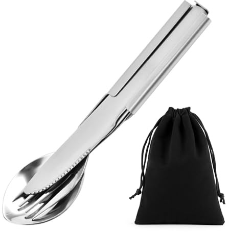 4 Stück Campingbesteck Set, Klassisches Bundeswehr Edelstahl Besteck mit Flaschenöffner Messer Gabel Löffel, Reisebesteck mit Schwarzer Tasche für Outdoor, Picknick, Reisen, Spülmaschinenfest