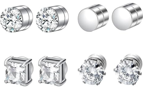 JOOTUEPO 4 Paare Ohrringe Herren, Ohrringe männer, Magnet Ohrstecker, 6 mm Silber Edelstahl Magnetischer Ohrstecker, Fake Ohrringes für Herren Mann Damen Chirurgenstahl