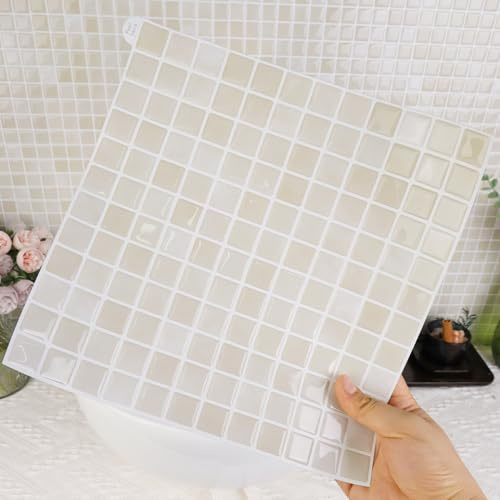 Alwayspon 25,4 x 25,4 cm x 10 st mosaik 3D vinyl väggkakelklistermärke, skala av och klistra på självhäftande, vattentät, stänkskydd, klistra på kakeldekaler för kök badrumsvägg, mix vit