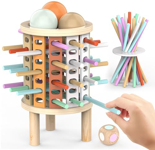 FUIOCOCP Jouet Montessori en Bois, Jeux Enfant 3 4 5 6 7 8 Ans Jeu de Société Éducatif Familial avec Bâtonnets Colorés, Dés et Sac de Rangement Créatifs Enfant Cadeaux Noël pour Garçons Filles