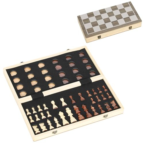 SPORTNOW Scacchiera in Legno, Scacchiera Pieghevole per Scacchi e Dama con Scomparti, Set Scacchi da Viaggio da Tavolo, per Bambini Adulti, 38.5x38.5x2.8 cm, Color Noce
