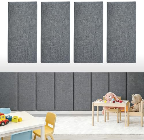 4 Stück Wandpaneele Gepolstert, 40x20cm Baumwollleinen Polsterplatte Selbstklebend, Anti Kollisions Bettkopfteil Wandkissen, Wandkissen Selbstklebend für Bettkopfteil, Kinderzimmer, Schlafzimmer, Büro