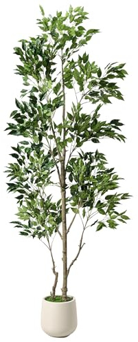 ZKIODV Konstgjord växt, fikusträd med vit kruka, konstgjorda växter äkta med stam av naturligt trä och blad, konstgjort träd som äkta för vardagsrum sovrum kontor dekoration, Ficus E 210 cm