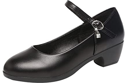 Scarpe da Ballo Donna Scarpe Basse alla Moda Nere con Punta con Tacco in Pelle da Donna Medio-Piccole Casual a Molla Singola (Black, 40)