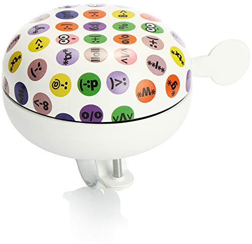 com-four® Fahrradklingel XXL - Große Klingel für Fahrräder - Fahrrad-Klingel für Lenker mit Ø 22 mm (weiß mit Icons - 1 Stück)