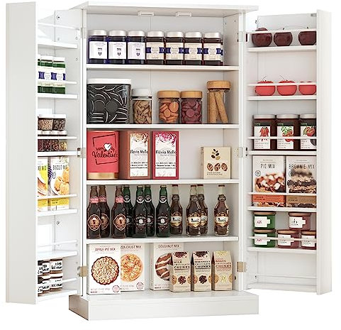 Yusong Armario de cocina con puertas y estantes ajustables de 180 cm para comedor, salón, color blanco