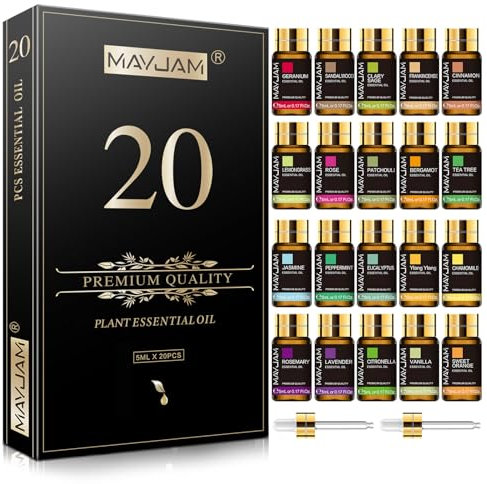 MAYJAM Juego De Aceites Esenciales 20pcs, Set De Regalo De Aceites Esenciales Para Difusor, Humidificador - Lavanda JazmíN Eucalipto Vainilla SáNdalo Naranja Dulce Rosa Bergamota Y MáS