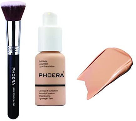 Phoera Full Coverage Foundation Soft Matte Oil Control Concealer 30 ml Flawless Cream Smooth Long Lasting 24HR with Foundation Brush (103 Warm Peach)