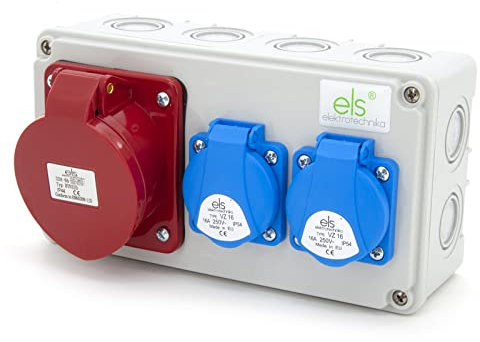 ELS Elektrotechnika Distributore di corrente da parete, 2 prese Schuko da 230 V e 1 cavo CEE 32 A, pronto per il collegamento, officina, garage, IP44